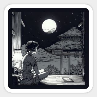 Lonely woman looking at moon on balcony Sticker